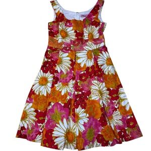 Eliza J Floral Fit and Flare Dress Pink Orange Daisy Cotton Blend Size 10